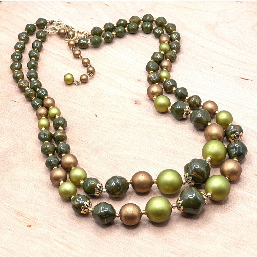 Mid-Century Hong Kong Made Beaded‎ Necklace Green Gold Double Strand Statement